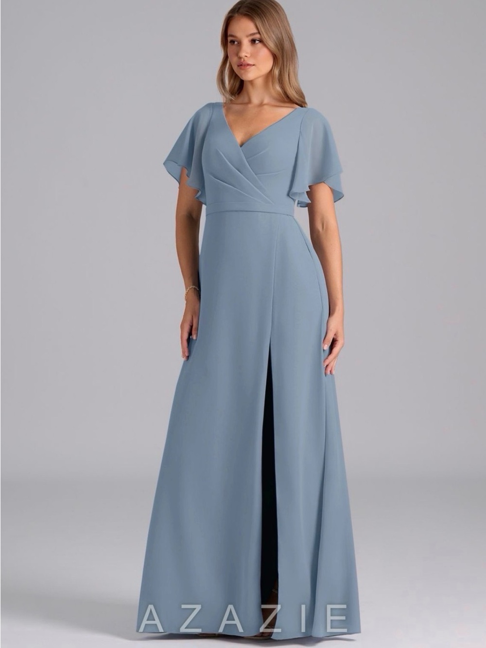 Azazie Light Blue Flutter Sleeve V-Neck Maxi Dress